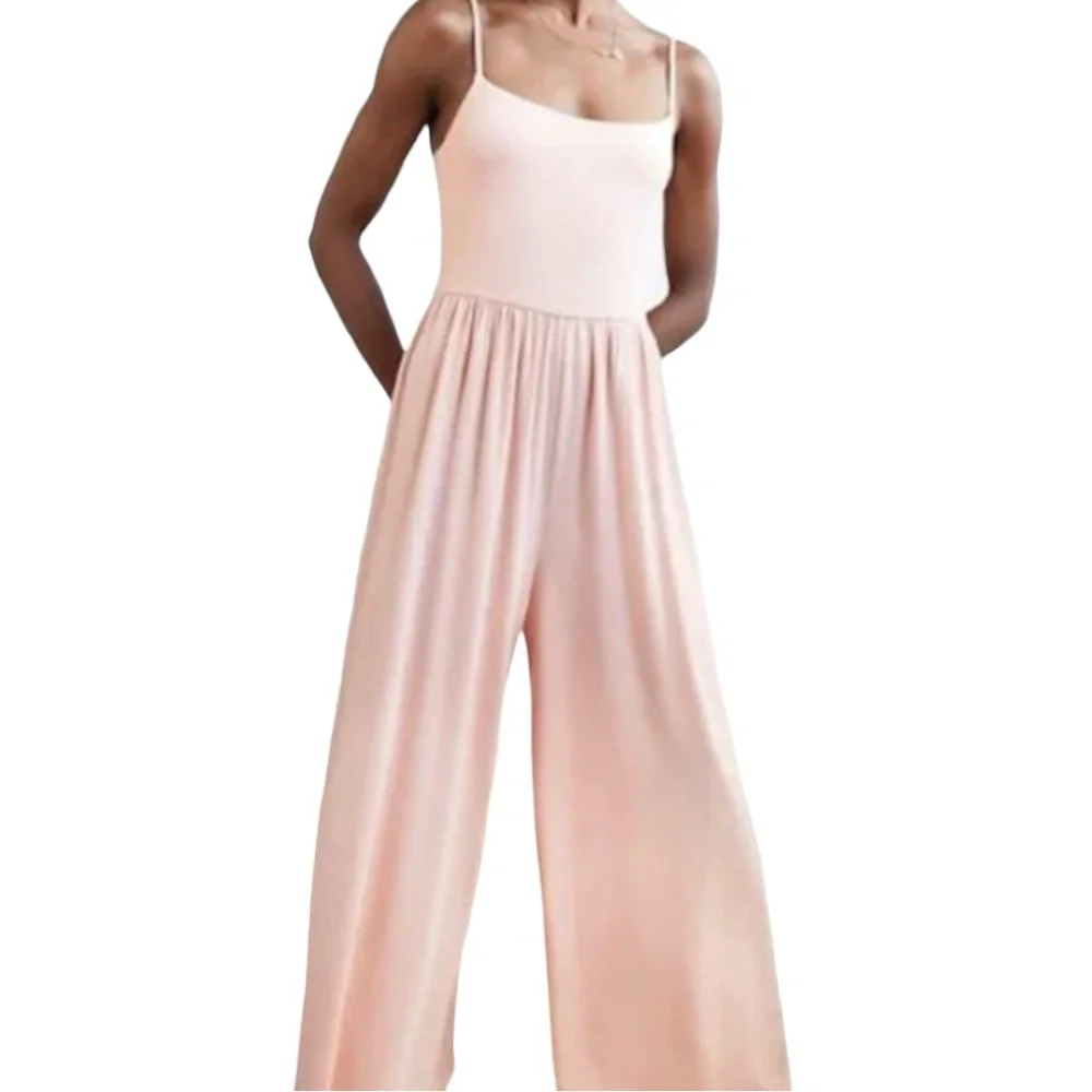 EUC Aritzia Baby Pink Spaghetti Strap Wide Leg Jumpsuit with Pockets!! - Picture 1 of 9